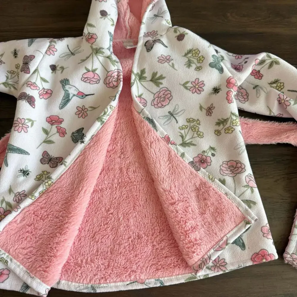 Hudson Baby Infant Girl Mink with Faux Fur Lining Robe Cover-Up Hummingbird Gard